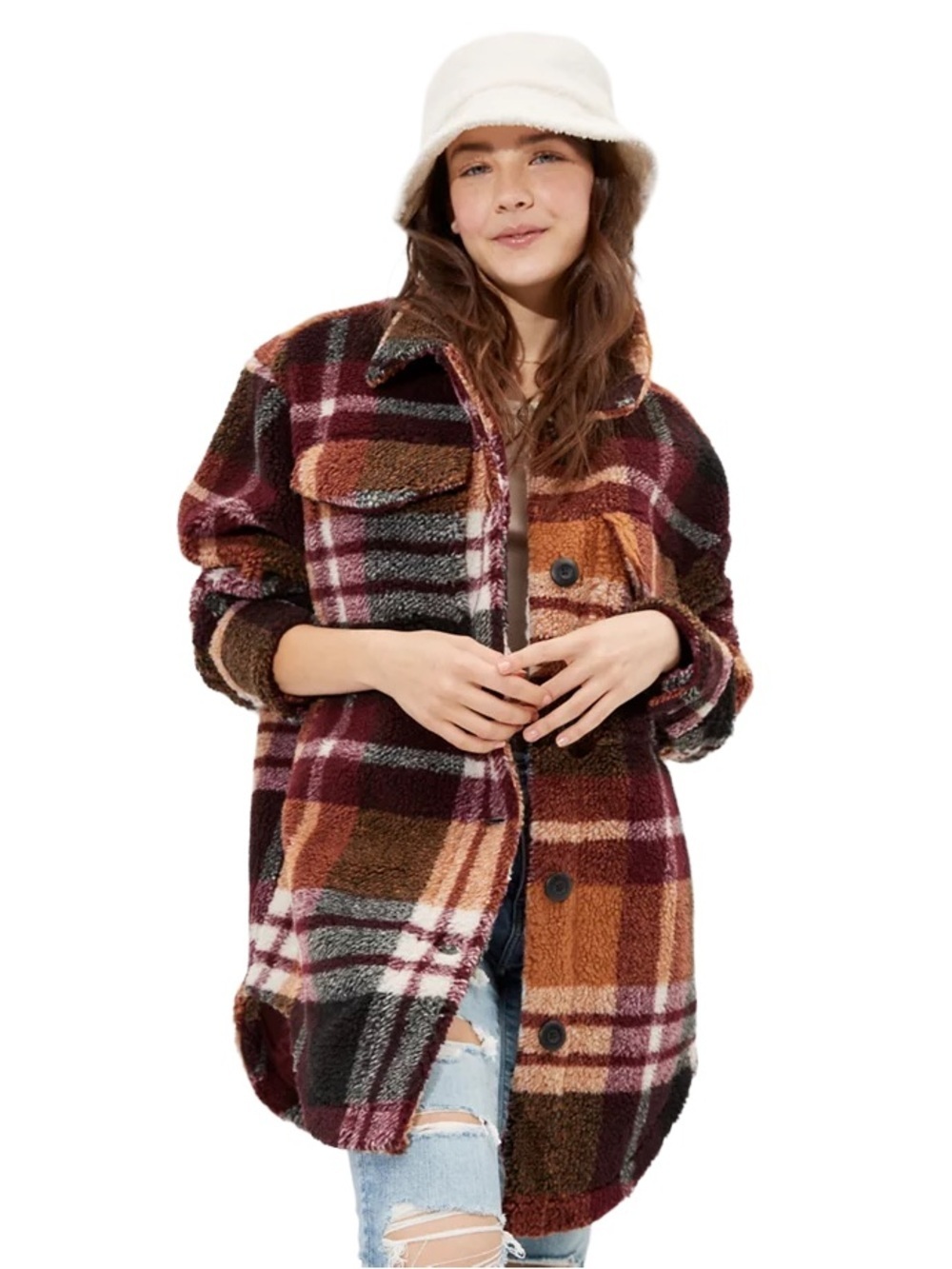 American Eagle oversized Plaid sherpa button down jacket